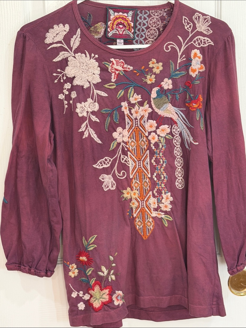 Johnny Was Plum Embroidered Long-Sleeve Floral Tee Size Small